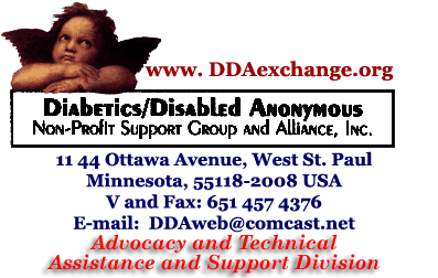 Angel logo for Diabetics/Disabled Anonymous, Advocacy and Technical Support Diviision,  651 457 4376 and e-mail link